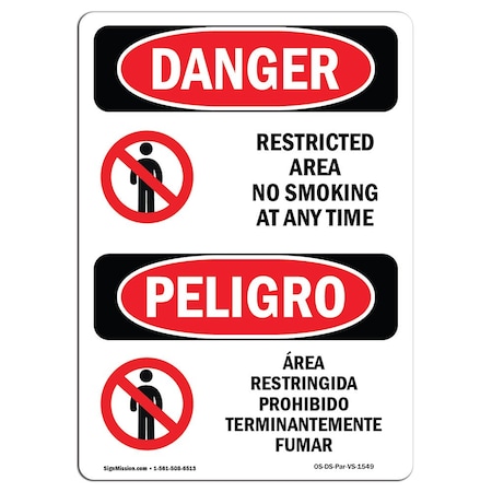 OSHA Danger, Restricted Area No Smoking At Any Time, 18in X 12in Rigid Plastic
